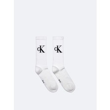 Calvin Klein Erkek Yumuşak Pamuklu Uzun Ck Logo Detaylı Ikili Paket Beyaz Çorap C701228802-002