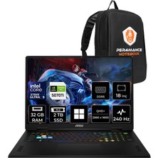 MSI Msı Raider 18 Hx Intel Core Ultra 9 275HX Rtx 5070 Ti 12GB 140W 32GB Ram 2tb SSD 18" Wqxga (2560X1600) 240Hz WIN11 Home A2WH-1094XTRP382 Gaming Laptop + Per4 Çanta