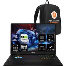 MSI Msı Raider 18 Hx Intel Core Ultra 9 275HX Rtx 5070 Ti 12GB 140W 8gb Ram 512GB SSD 18" Wqxga (2560X1600) 240Hz Freedos A2WH-1094XTRP302 Gaming Laptop + Per4 Çanta