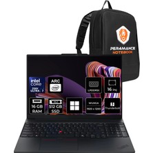 Lenovo Thinkpad E16 Gen 3 Intel Core Ultra 7 256V 16GB Ram 512GB SSD 16" Wuxga (1920X1200) IPS 300NITS WIN11 Home 22AY0037TXP307 Notebook + Per4 Çanta
