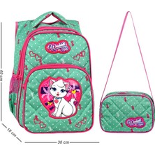 Waddell Mint Yeşili Kedi Desenli Embos İlkokul Çantası Beslenme Çantalı 24002