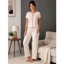 Pijamask Kadın Kurdele Detaylı Desenli Kısa Kollu Pijama Takım