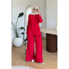 Tesettür Diyarı Boby Ithal Sandy Kumaş Tunik-Pantolon Tesettür Takım- Kırmızı