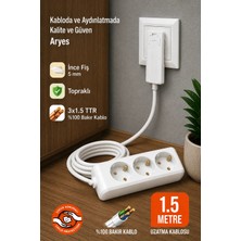 3lü Beyaz Priz 1.5m Ince Fiş Uzatma Kablosu %100 Bakır Kablo Mobilya Arkası Kullanım