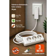 3lü Beyaz Ince Fişli Uzatma Kablosu 3m %100 Bakır Kablo Topraklı Priz