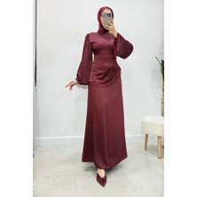 Abiye Diyarı Sahra Taş Püsküllü Saten Kumaş Tesettür Abiye- Bordo