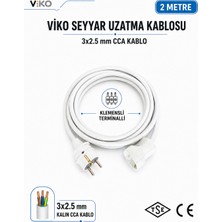 Viko Seyyar Uzatma Kablosu 2 Metre 3x2.5 mm Cca Kablo | Orijinal Viko Erkek Dişi Fiş | Klemensli Terminalli | Topraklı | Tse Ce Belgeli