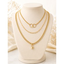 Adam & Eve Fashion Adam&eve Fashion Kilit ve Çift Halka Detaylı 3 Katmanlı Gold Kadın Kolye