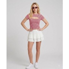 Blouse Çizgili 2 Katlı Vücuda Oturan Göğüs Pencereli Bluz
