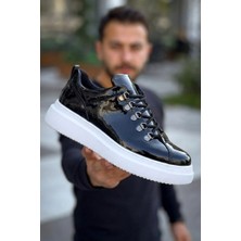 Zerenyus ZRK-X4X Yüksek Kalite Kalın Taban Siyah Beyaz Rugan Bağcıklı Günlük Erkek Sneakers