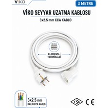 Viko Seyyar Uzatma Kablosu 3 Metre 3x2.5 mm Cca Kablo | Orijinal Viko Erkek Dişi Fiş | Klemensli Terminalli | Topraklı | Tse Ce Belgeli