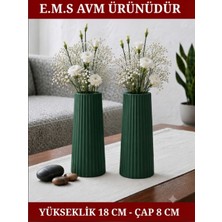E.M.S 2 Adet Yeşil Renk Uzun Büyük Boy Çizgili Vazo Bohem Uzun Vazo Iskandinav Tarz Vazo 18 x 8 Cm.