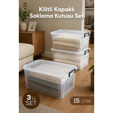 Vienev 3'lü Kilitli Kapak Saklama Kabı Seti 15 Lt Şeffaf Dikdörtgen Saklama Kutusu