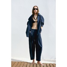 Suud Collection Lacivert Raya Yıkamalı Poplin Pantolon
