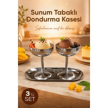 Vienev 3'lü Set Gümüş Renk Metal Dondurmalık Seti (2x Uzun Kase 1x Kayık Tabak) - Şık Sunum ve Tatlı Kasesi