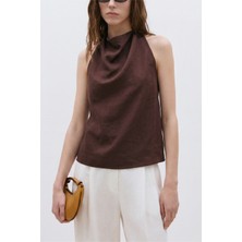 Koyu Kahve Gabriel Halter Yaka Keten Bluz