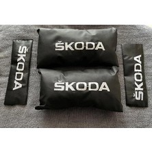 Xukey Skoda Super B Octiva Scala Uyumlu Skoda Nakışlı Deri 1 Çift Boyun Yastık ve 1 Çift Kemer Pedi