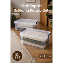 Vienev 2'li Kilitli Kapak Saklama Kabı Seti 20 Lt Şeffaf Dikdörtgen Saklama Kutusu