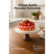 Vienev Ahşap Ayaklı Porselen Sunumluk Pasta Standı Sunum Tabağı Kek Fanusu Tablası 24 cm