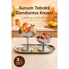 Vienev 3'lü Set Gümüş Renk Metal Dondurmalık Seti (2x Kısa ve Uzun Kase 1x Kayık Tabak) - Şık Sunum ve Tatlı Kase