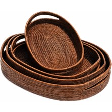 Baolgi Hasır 4’lü Set Oval Tepsiler Kahverengi