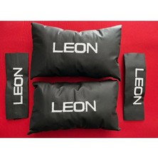 Xukey Seat Leon Nakışlı Deri 1 Çift Boyun Yastık ve 1 Çift Kemer Pedi