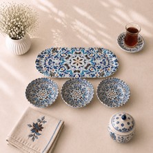 Sarkap Home 3'lü 10X3,2 cm Çerezlik ve 16X35 cm Sunumluk Tepsi Seti - Mavi Etnik Desenli