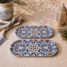 Sarkap Home 16X35 cm 2'li Oval Sunumluk Tepsi - Mavi Etnik Desenli