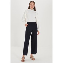 Zühre Bel Lastik Detaylı Bol Paça Kumaş Lacivert Pantolon P-0102