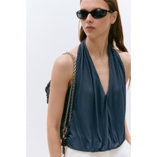 Suud Collection Mavi Nina Dökümlü Halter Top