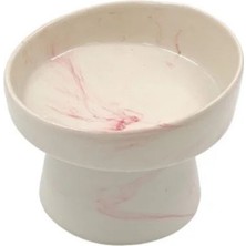 Mermer Desenli Yükseltilmiş Seramik Kedi Mama ve Su Kabı - Pembe Geçişli