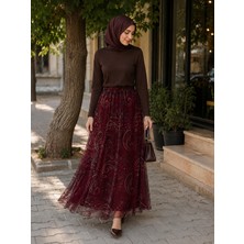 Luniva Butik Desenli Tül Detaylı Uzun Etek – Lastikli Bel, Şık Desenli Kadın Etek