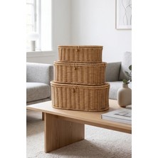 Avantage Home Reine - 3'lü Rattan Kapaklı Dekoratif Oval Çok Amaçlı Sepet Seti, Organizer, Düzenleyici, Saklama Kutusu