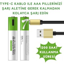 Type-C ile Şarjolabilen 4 Lü Aaa 1.5V Lityum Ince Şarjlı Kalem Pil 750 Mah Uzun Ömürlü ( Lisinya )