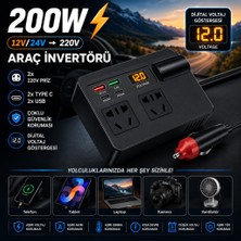 Polham 200W Araç Invertörü 12V/24V → 220V | 2 Priz | 2x Usb-C | 2x USB Qc 3.0 | Dijital Ekranlı Şarj Güç Çoğaltıcı