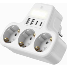 Odea LED Gece Işıklı 3680 W Priz Adaptörü - 3'lü Akım Korumalı Priz + 2 USB ve 2 Type-C Girişli, Kablosuz Duvar Tipi Çoklu Şarj Adaptörü, Kısa Devre Koruma, Kompakt Tasarım