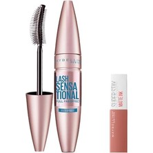 Odea Maybelline New York Lash Sensational Yelpaze Etkili Suya Dayanıklı Siyah Maskara 9.4 ml & Mini Super Stay Matte Ink Likit Mat Ruj 65 Seductress Makyaj Seti