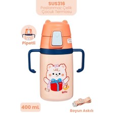 Odea 400 ml 316L Paslanmaz Çelik Pipetli Çocuk Termosu Taşıma Kulplu Askılı Çift Duvar -FFR400ML4011 Turuncu