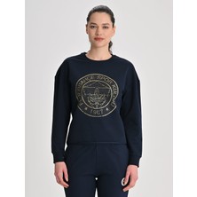 Fenerbahçe Lacivert Tribün Altın Logolu Kadın Crop Oversize Sweatshirt