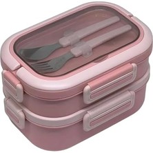 Odea Bento 1650ML Lunchbox 2 Katlı 3 Bölmeli Paslanmaz Çelik Sefer Tası Yemek Kutusu (Pembe)