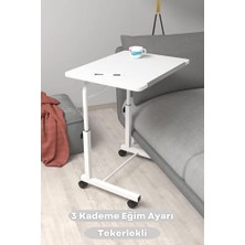 Odea Eğim Yükseklik Ayarlı Laptop Sehpası Kahvaltı Ders Çalışma Bilgisayar Masası Metal Ayak Tekerlekli, Tekerlekli-Eğimli-Beyaz-Beyaz