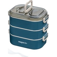 Odea Vagonlife Bento 1450ML Lunchbox Üç Katlı 5 Bölmeli ve Mini Sosluklu Çelik Sefer Tası Yemek Kutusu (Lacivert)