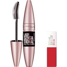 Odea Maybelline New York Lash Sensational Yelpaze Etkili Intense Black Maskara - Ekstra Siyah 9.5 ml & Mini Super Stay Matte Ink Likit Mat Ruj 20 Pioneer Makyaj Seti