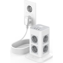Odea Tessan Aşırı Gerilim Korumalı 5m Uzatma Kablosu Çoklu Priz Çıkışı, 3 Usb'li 8 Bölmeli Güç Şeridi, Çoklu Priz Kulesi 5m Uzatma Kablosu, Ev Için Dağıtım Çıkışı 3600W 16A | 3 USB ve 8 Soketli Dikey Tower