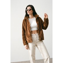 Purpleclo Kadın Oversize Fermuarlı Teddy Peluş Hırka