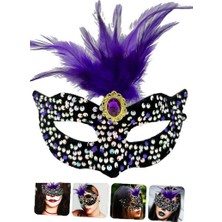 Zero Land Ece-Umay Siyah Kadife Üzeri Rengarenk Payetli Pullu Mor Tüylü Mor Taşlı Parti Maskesi 19X21 cm