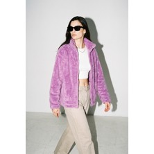 Purpleclo Kadın Oversize Fermuarlı Teddy Peluş Hırka
