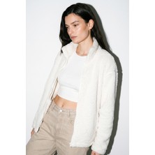 Purpleclo Kadın Oversize Fermuarlı Teddy Peluş Hırka