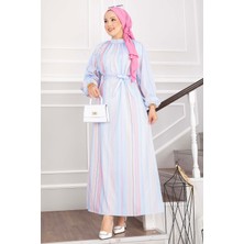 Ebru Tesettür Pastel Çizgili Kuşaklı Elbise Bebe Mavisi