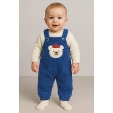 Bubito Ayı Nakışlı Kışlık Peluş Welsoft Bebek Tulum-Mavi